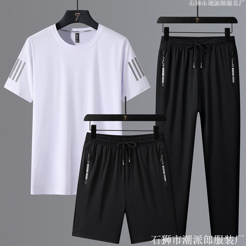 Summer Men's Ice Silk Quick-drying Casual Sports Large Size Set Men's Thin Loose Round Neck T-shirt Pants Set
