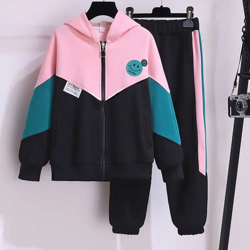 Children's Clothing Spring And Autumn Girls' Casual Suit Large Children's Stitching Fashionable Long-sleeved Sweater Sports Ankle Pants Two-piece Set