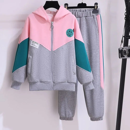 Children's Clothing Spring And Autumn Girls' Casual Suit Large Children's Stitching Fashionable Long-sleeved Sweater Sports Ankle Pants Two-piece Set