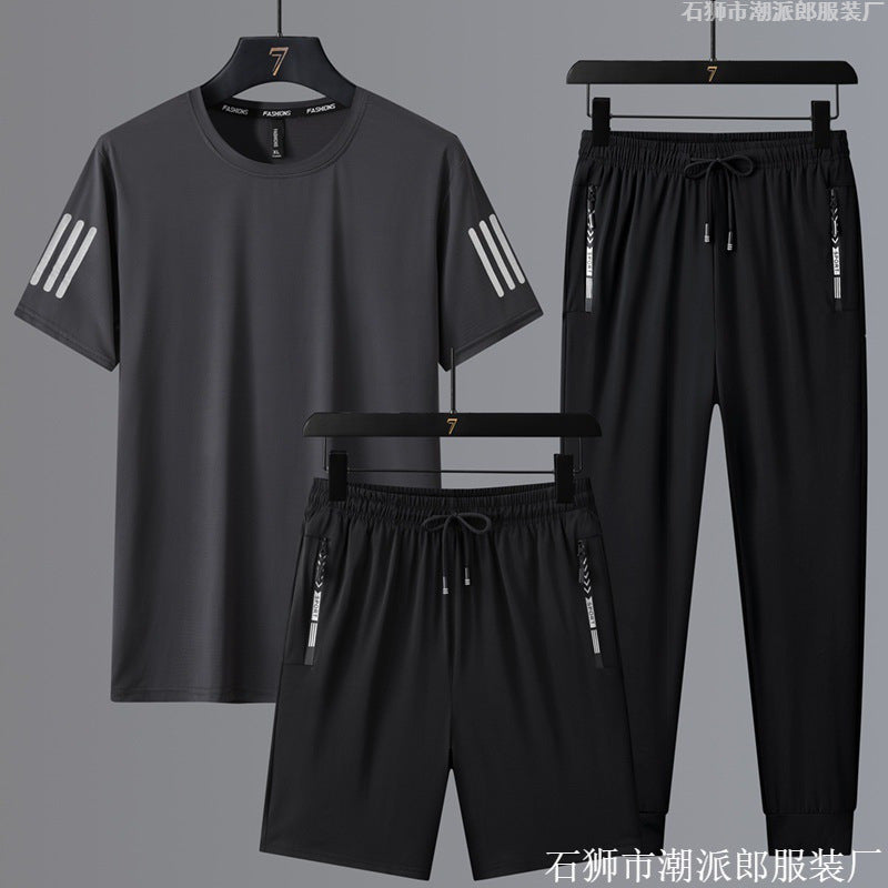 Summer Men's Ice Silk Quick-drying Casual Sports Large Size Set Men's Thin Loose Round Neck T-shirt Pants Set