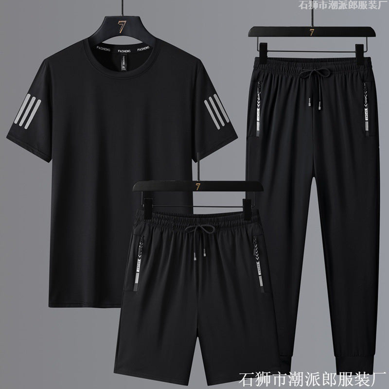 Summer Men's Ice Silk Quick-drying Casual Sports Large Size Set Men's Thin Loose Round Neck T-shirt Pants Set