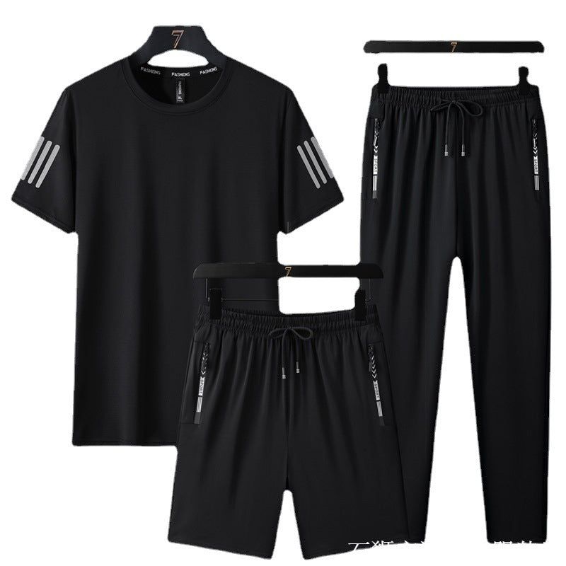 Summer Men's Ice Silk Quick-drying Casual Sports Large Size Set Men's Thin Loose Round Neck T-shirt Pants Set